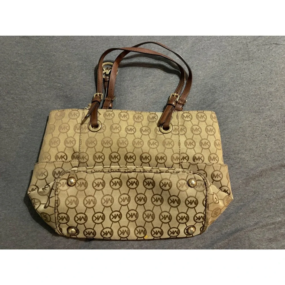 Michael Kors Signature Monogram Tote Bag Brown Jacquard Leather Trim Gold HW